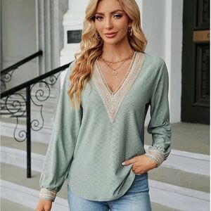 V-Neck Crochet Trim Long Sleeve Top - Sage Green